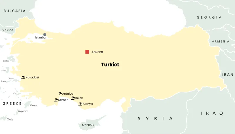 Turkietkarta med destinationer